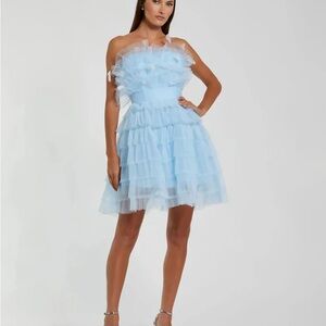 Mac Duggal feathered strapless tulle fit and flare dress, style #20529